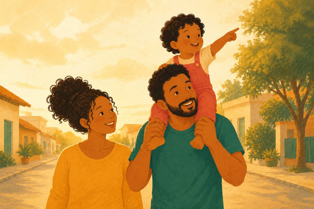 Ilustração de uma criança nos ombros do pai, olhando o entardecer