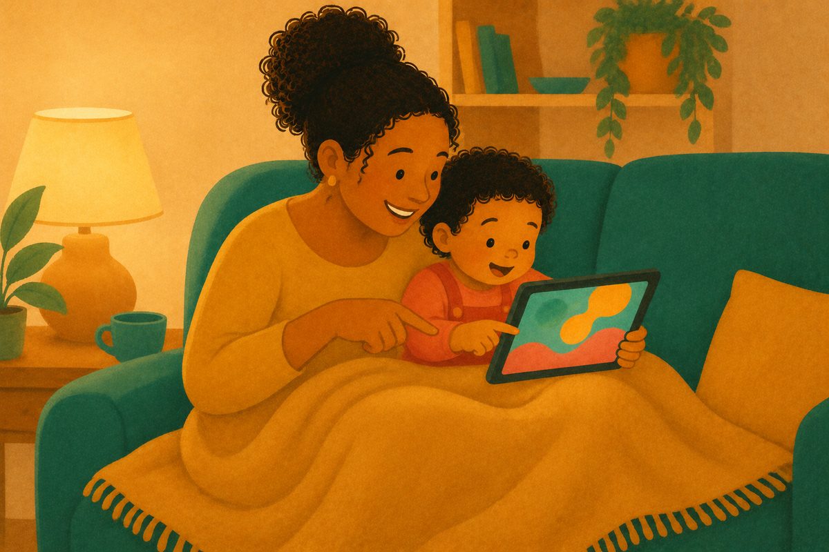 Ilustração de mãe e filho assistindo a um desenho no tablet, juntos